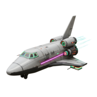 A futuristic space shuttle is shown with glowing lights and engine trails, set against a white background, suitable for science fiction themed designs. png