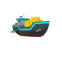 A cartoon cargo ship loaded with yellow containers is shown on calm water, often used in graphics and illustrations. png
