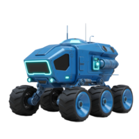 A blue, futuristic rover vehicle is displayed with six large wheels and illuminated components, suggesting it is for exploration and transportation. png