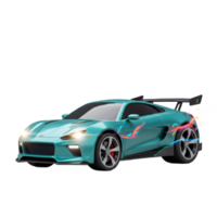 A teal sports car with bright headlights is adorned with abstract graphics and a rear spoiler, showcasing its performance potential for automotive enthusiasts. png