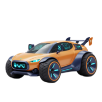 A futuristic orange car with blue accents and lights features large tires and a spoiler, making it suitable for a sci-fi game. png