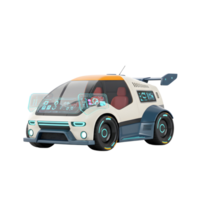 A futuristic car is rendered in a cartoon style featuring advanced technological displays for transportation. png