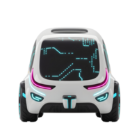 A futuristic vehicle is presented from a rear view, showcasing neon lights and a circuit board display, suggesting advanced technology or innovation in transportation. png