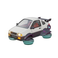 A futuristic car is designed with flying wheels that have a glowing effect, shown in a cartoon style to be used for entertainment purposes. png