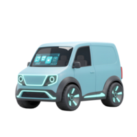 A light blue cartoon-style delivery van features a screen displaying application icons, ideal for showcasing futuristic or digital interface concepts. png