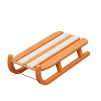 A wooden sled with orange sides and white stripes is displayed, ready for winter snow activities. png