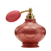 A red perfume bottle with a bulb atomizer features gold accents and a detailed design, making it suitable for fragrance application. png