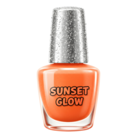 A vibrant orange nail polish called Sunset Glow is displayed against a white background, perfect for creating manicures. png
