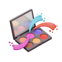 An eye shadow palette is featured with various paint color splashes coming out of the containers to showcase the vibrant pigment for beauty purposes. png