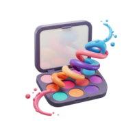 A colorful eye shadow palette is shown with abstract shapes coming out of it, suggesting creativity for beauty product usage. png