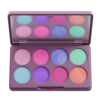 An open eye shadow palette displays various pastel shades in round pans, perfect for creating subtle and colorful makeup looks. png