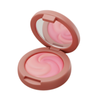 A peach colored blush compact is open to reveal a swirl pattern of pink and peach powder, showing a reflective mirror for application. png