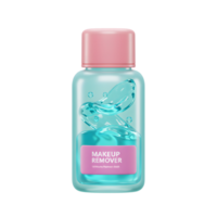 A light blue bottle containing liquid makeup remover is displayed against a white background, perfect for illustrating skincare products. png