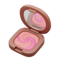 A brown square blush compact is open to reveal a swirl of peach and pink makeup, and it is used for facial cosmetic application. png