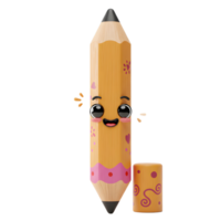 A smiling cartoon pencil with a happy face and patterned designs stands next to its cap, perfect for educational resources. png