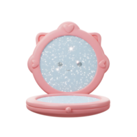 This pink compact mirror has a cute design with hearts and sparkles, making it suitable for applying makeup or other cosmetic touch-ups. png