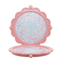 A pink scalloped mirror features scattered glitter in the reflection to create a playful and whimsical effect for decorative purposes. png