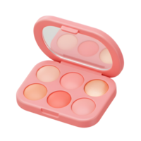 A pink makeup palette featuring six circular shades and a built-in mirror offers a versatile range of colors for creating various makeup looks. png