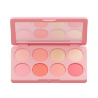 This is an open makeup palette featuring various shades of pink and beige, complete with a mirror, designed for creating a range of makeup looks. png