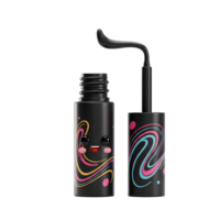 Black mascara tube with a cartoon face and colorful swirls is displayed with its applicator wand, suitable for cosmetic use. png