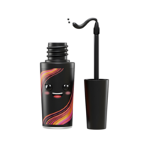 A black cartoon mascara bottle with a smiling face has an applicator and droplets falling from it for cosmetic use. png