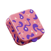 A pink square container adorned with purple and white geometric shapes is captured against a clean background, likely intended for storage. png