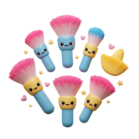 A set of cute makeup brushes with different colored bristles are arranged in a circle for cosmetic application. png