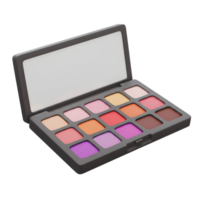 An eye shadow palette features an assortment of colors arranged in square pans, providing options for creating various makeup looks. png