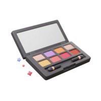 A gray eye shadow palette with a mirror, brush, and various color shades is shown for cosmetic application. png