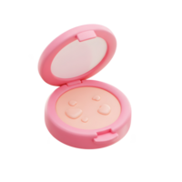 A cute pink powder compact is shown with small water droplets and decorative shapes floating around it, for cosmetic application. png
