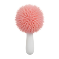 A soft pink fluffy brush is displayed with a smooth white handle, often utilized for applying powder. png