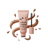 A tube of eyebrow gel is displayed with its applicator brush and gel accents, demonstrating the product for brow enhancement. png
