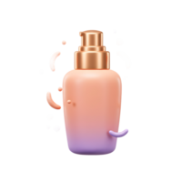 A cosmetic bottle with a golden pump sits surrounded by peach and lavender droplets, suggesting its potential usage for beauty products. png