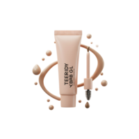 A tube of eyebrow gel with its applicator is surrounded by swirls and dots of matching cream, intended for cosmetic use. png