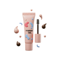 Eyebrow gel and brush applicator are displayed with floating paint drops to emphasize texture for cosmetic use. png
