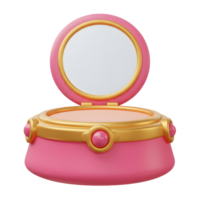 A pink and gold compact with an open mirror is displayed, offering convenience for applying makeup anytime. png