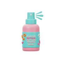 A pink and turquoise makeup setting spray bottle stands alone on a white background, used to set makeup after application. png