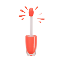 This image shows a coral lip gloss with a wand applicator and small liquid droplets surrounding it, often used for makeup application. png