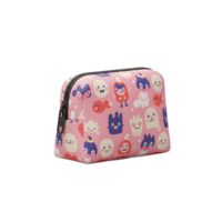 A pink pouch featuring a colorful monster pattern makes a fun and functional accessory for storing small items. png
