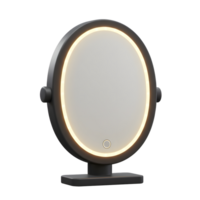 An oval mirror with a built-in light and black frame sits on a stand, providing convenient and illuminated reflection for personal grooming. png