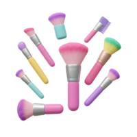 A group of colorful makeup brushes are scattered across a white background to be used for cosmetic application. png