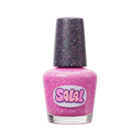 Close-up shot of a pink nail polish bottle featuring multi-colored speckles and a dark speckled cap, typically used for cosmetic purposes. png
