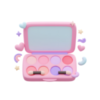 A pink makeup palette features various eyeshadow colors with applicators, surrounded by decorative shapes, and is ideal for beauty related content. png