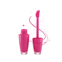 A pink lip gloss bottle is shown with its wand and magical sparkles, used for enhancing lips with vibrant color and a glossy finish. png