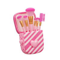 A set of pink makeup brushes, including a brow comb, are held in a sparkly pink striped holder with a heart accent, ready for beauty application. png