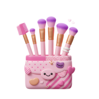 Makeup brush set in a pink holder features hearts and a smiley face design, adding a playful touch to a makeup collection. png