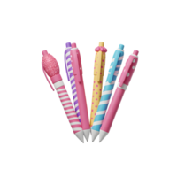 A collection of five colorful patterned pens are arranged in a semi-circle, perfect for writing and journaling. png