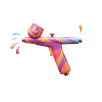A colorful airbrush is shown with droplets of blue, orange, and purple paint coming out, showcasing its artistic and creative usage. png