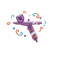 A purple airbrush is displayed surrounded by colorful swirls and spheres, ideal for illustrating artistic applications and decoration. png