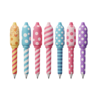 Collection of colorful pens with different patterns like dots, confetti and stripes ideal to bring a touch of fun to your study or office setup. png